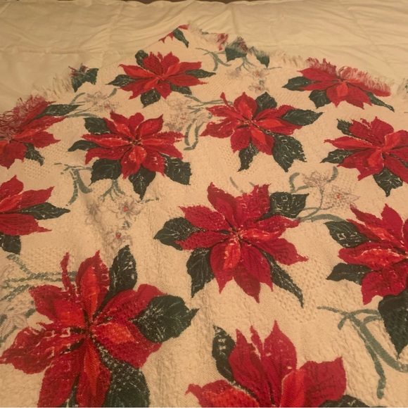 None Other - Christmas Throw Red and Green Pointsettias on Cream Background 40” by 50” Clean!